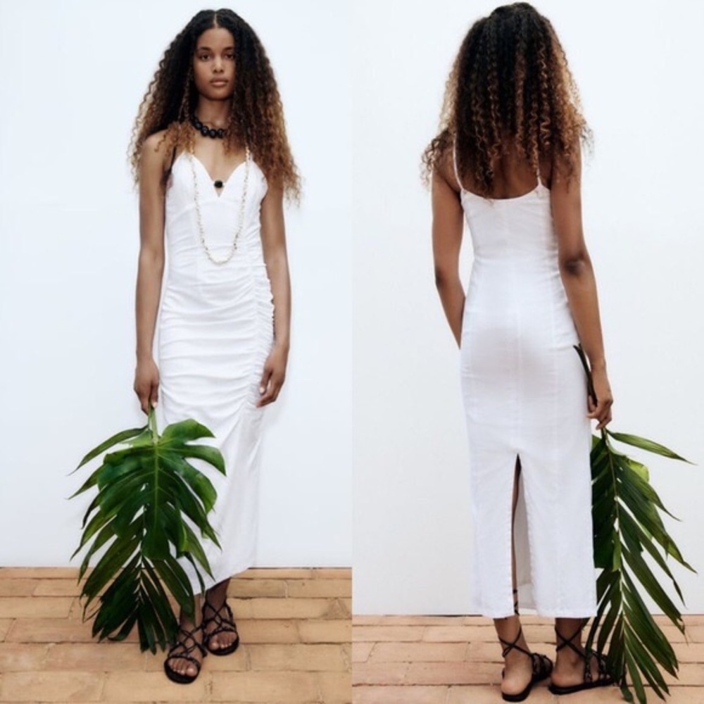 ZARA NWT LINEN BLEND MIDI DRESS WITH STONE DETAIL